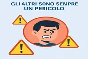 uomo arrabbiato circondato da simboli di pericolo